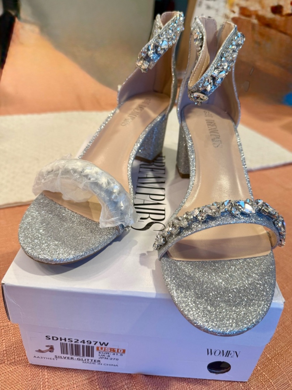 Dream Pairs Silver Glitter Block Heel Sandals with Crystal Straps